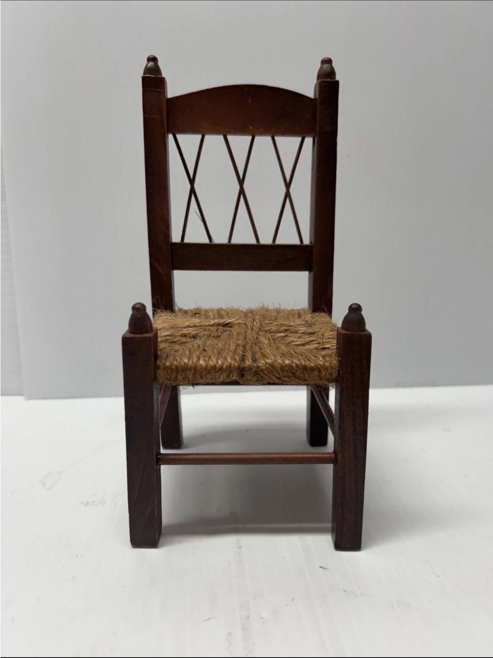 Miniature Wooden Chair Rush Seat Dollhouse Furniture Dark Brown Folk Art